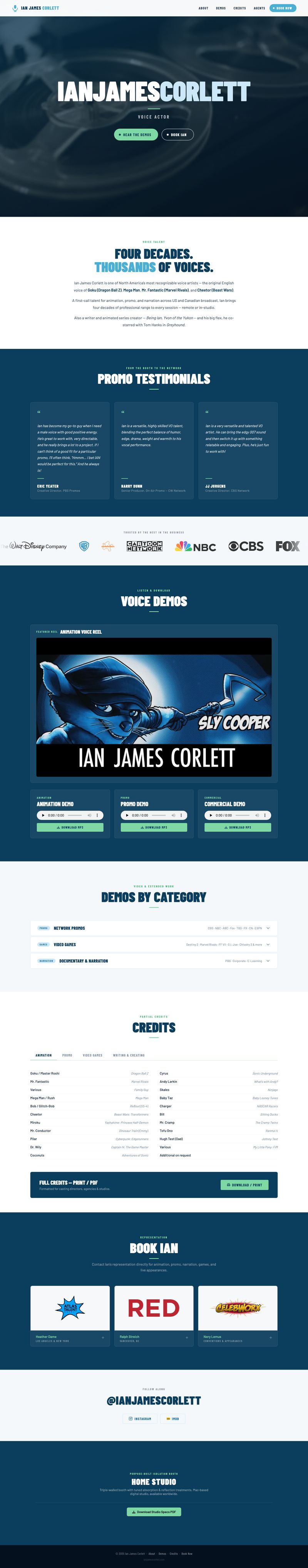 Ian James Corlett live website, hover to scroll through
